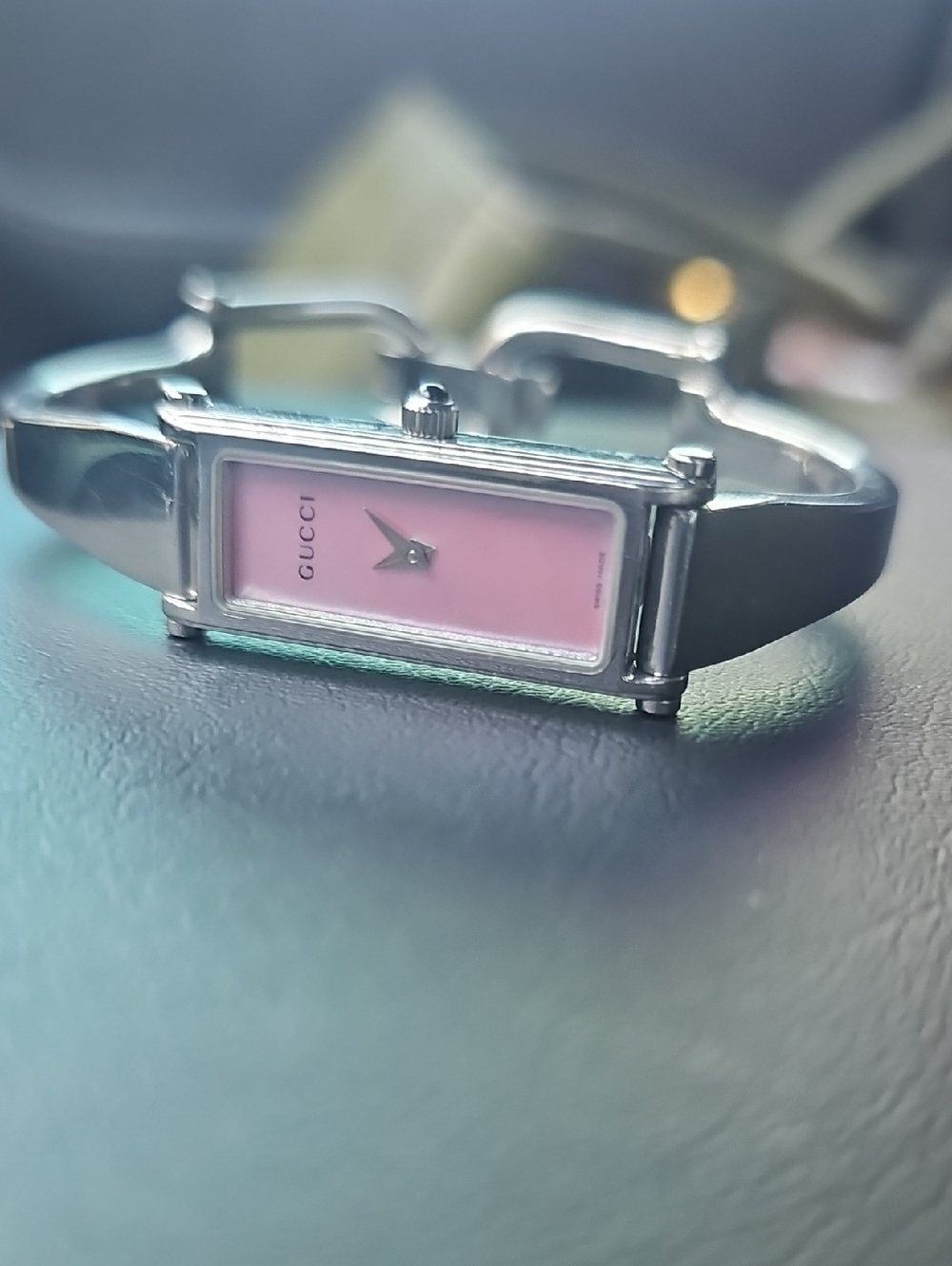 Gucci Silver Bangle Watch with Mother of Pearl Pink Rectangular Dial